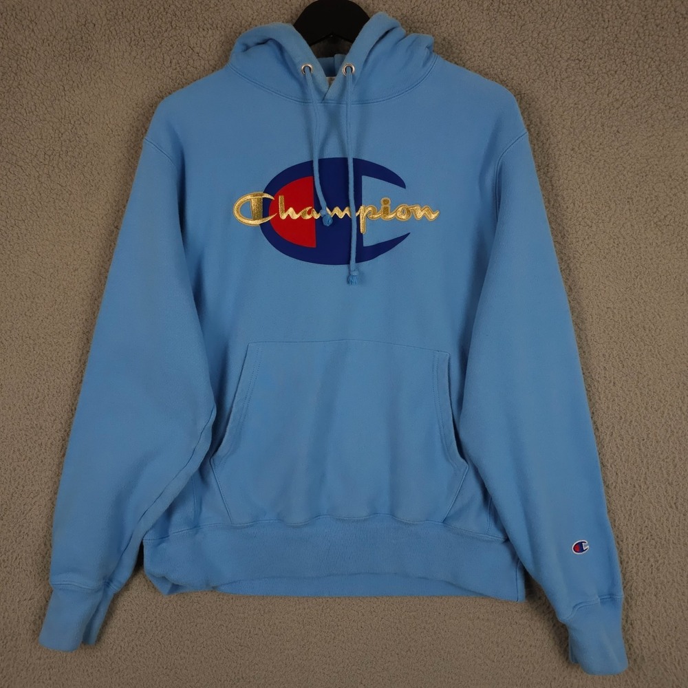 Champion Reverse Weave Hoodie Mens Medium Blue Gold Logo Embroidered‎ Sweatshirt
